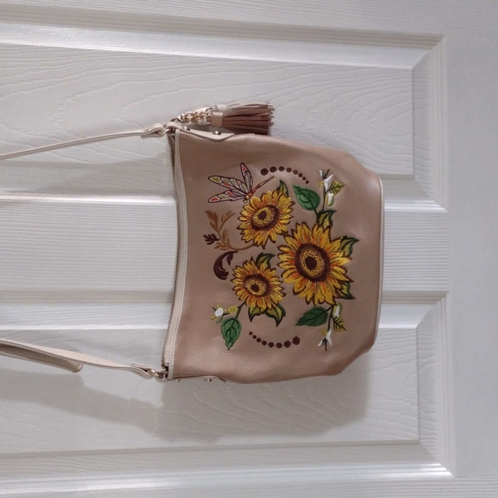 SHARIF 1827 Sunflower Embroidered Leather Crossbody Bag (b250) - Picture 3 of 13